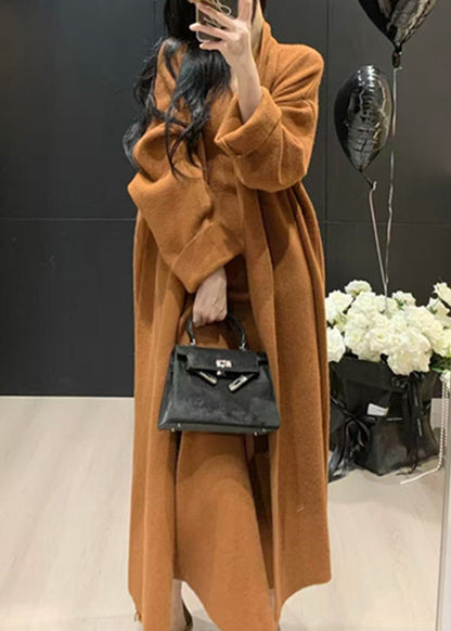 Casual Caramel V Neck Solid Knit Long Coats And Long Dress Two Pieces Set Fall