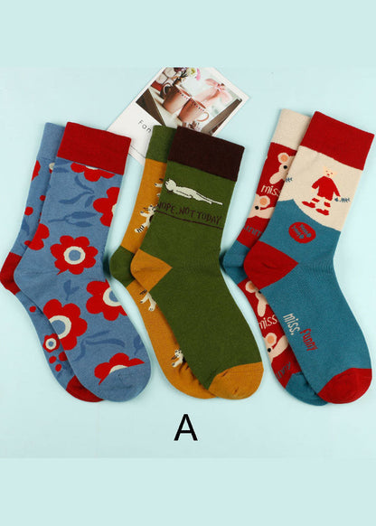 Lässige Baumwollsocken mit Cartoon-Blumenmuster und mittlerer Wadenlänge