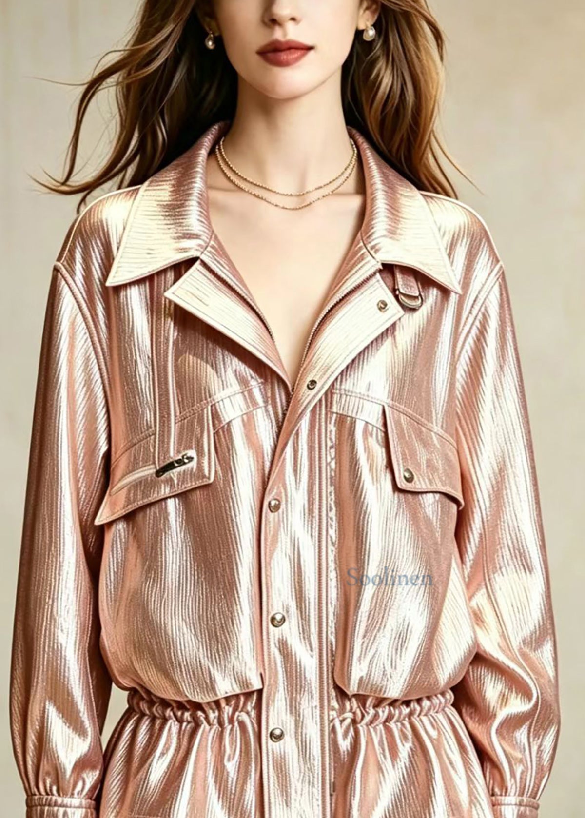 Casual Champagne Turn-Down Colla Zip Up Drawstring Pockets Jacket Fall