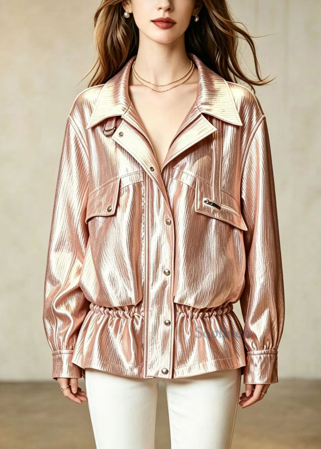 Casual Champagne Turn-Down Colla Zip Up Drawstring Pockets Jacket Fall