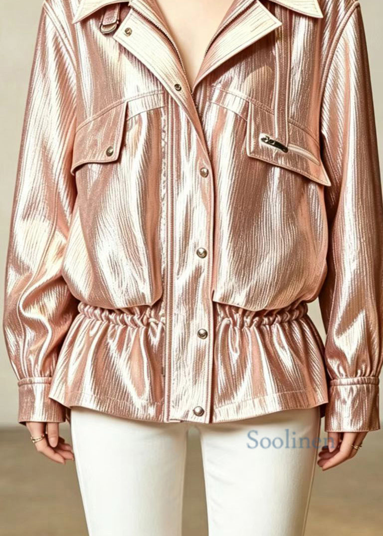 Casual Champagne Turn-Down Colla Zip Up Drawstring Pockets Jacket Fall