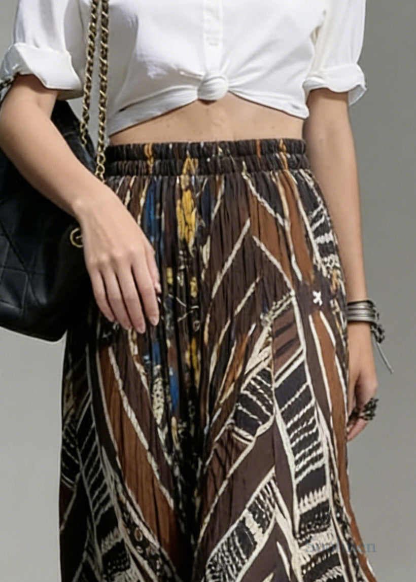 Casual Chocolate Flower Print Exra Large Hem Cotton Skirts Spring