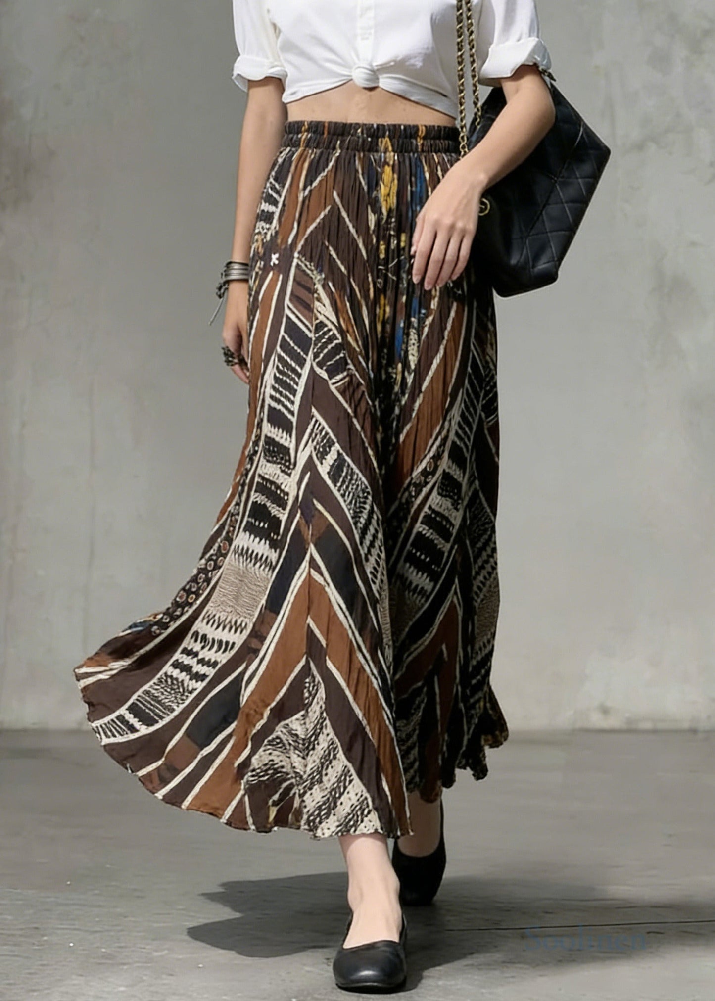Casual Chocolate Flower Print Exra Large Hem Cotton Skirts Spring