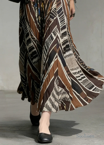 Casual Chocolate Flower Print Exra Large Hem Cotton Skirts Spring