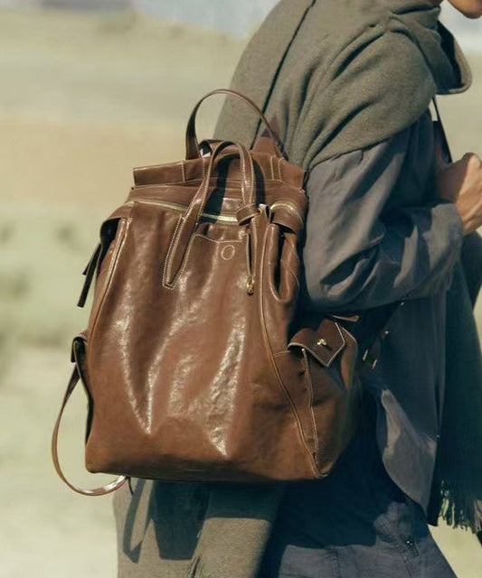 Casual Chocolate Oversize Solid Durable Leather Backpack Bag