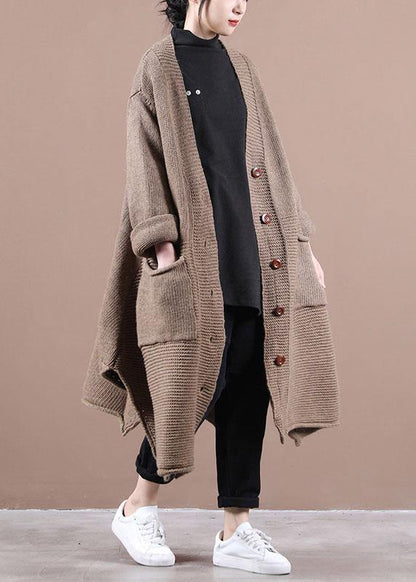 Casual Chocolate V Neck Pockets Fall Long Sweater Coat - SooLinen