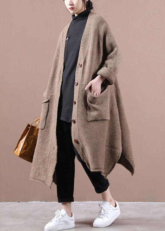 Casual Chocolate V Neck Pockets Fall Long Sweater Coat - SooLinen