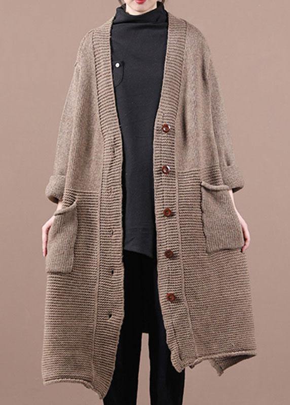Casual Chocolate V Neck Pockets Fall Long Sweater Coat - SooLinen