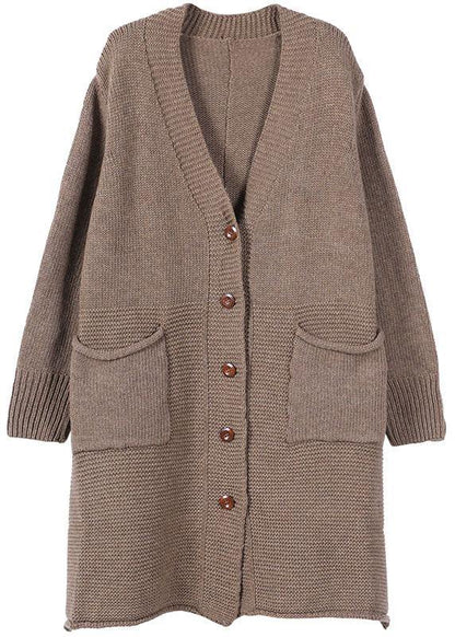 Casual Chocolate V Neck Pockets Fall Long Sweater Coat - SooLinen