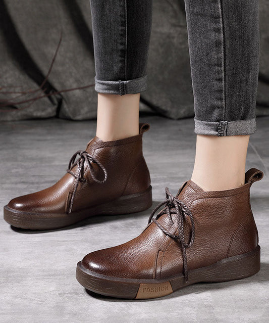 Lässige, schokoladenbraune, warme Fleecestiefel aus Rindsleder mit Schnürung aus Shelsea-Stiefeln