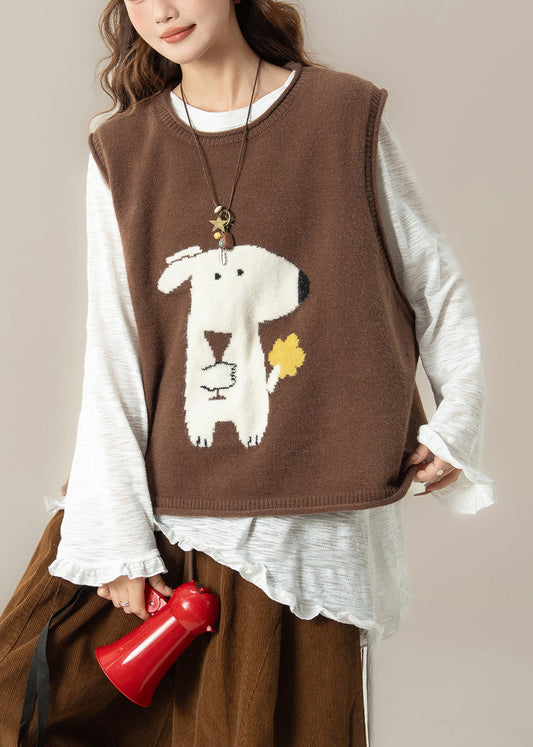 Casual Coffee Dogs Knit Vest And White Ruffled T Shirt Knit Two Pieces Set Spring