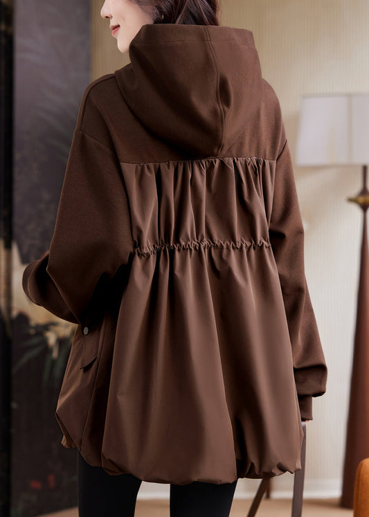 Casual Coffee Hooded Pockets Drawstring Cotton Sweatshirt Spring