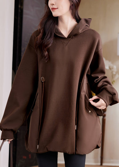 Lässiges, kaffeefarbenes Kapuzen-Sweatshirt mit Taschen und Kordelzug aus Baumwolle für den Frühling