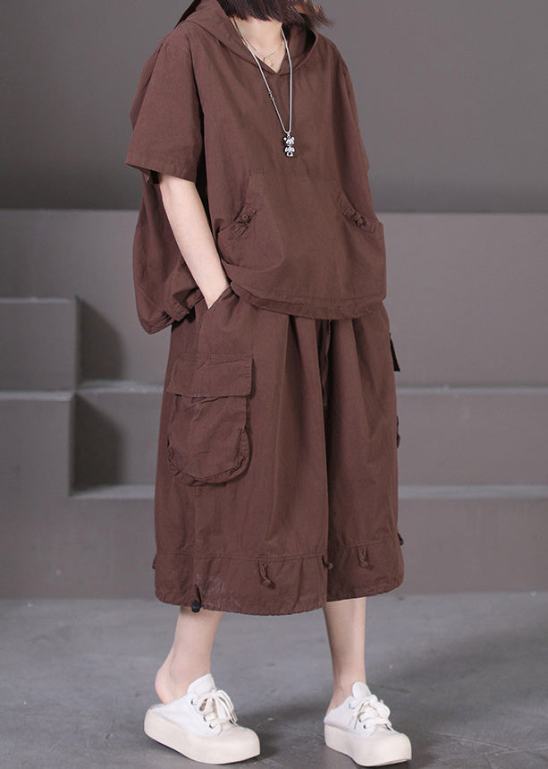 Conjunto informal de dos piezas de algodón con capucha y bolsillos de patchwork para verano