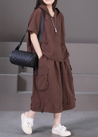 Conjunto informal de dos piezas de algodón con capucha y bolsillos de patchwork para verano