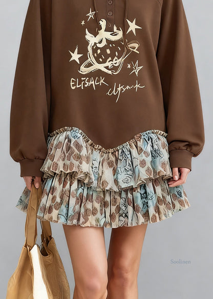 Casual Coffee Hooded Print Tulle Patchwork Sweatshirt Dresses Spring