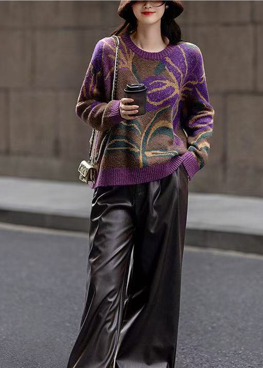 Casual Coffee O-Neck Jacquard Knit Sweater Long Sleeve