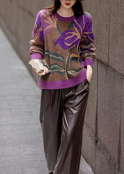 Casual Coffee O-Neck Jacquard Knit Sweater Long Sleeve