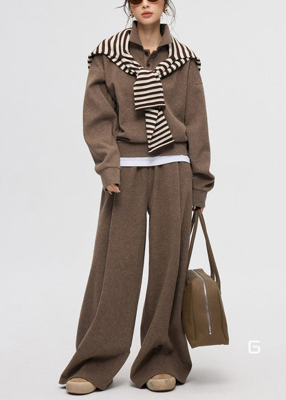 Lässiges zweiteiliges Kaschmir-Set mit Peter-Pan-Kragen und Knöpfen in Kaffeebraun für den Winter