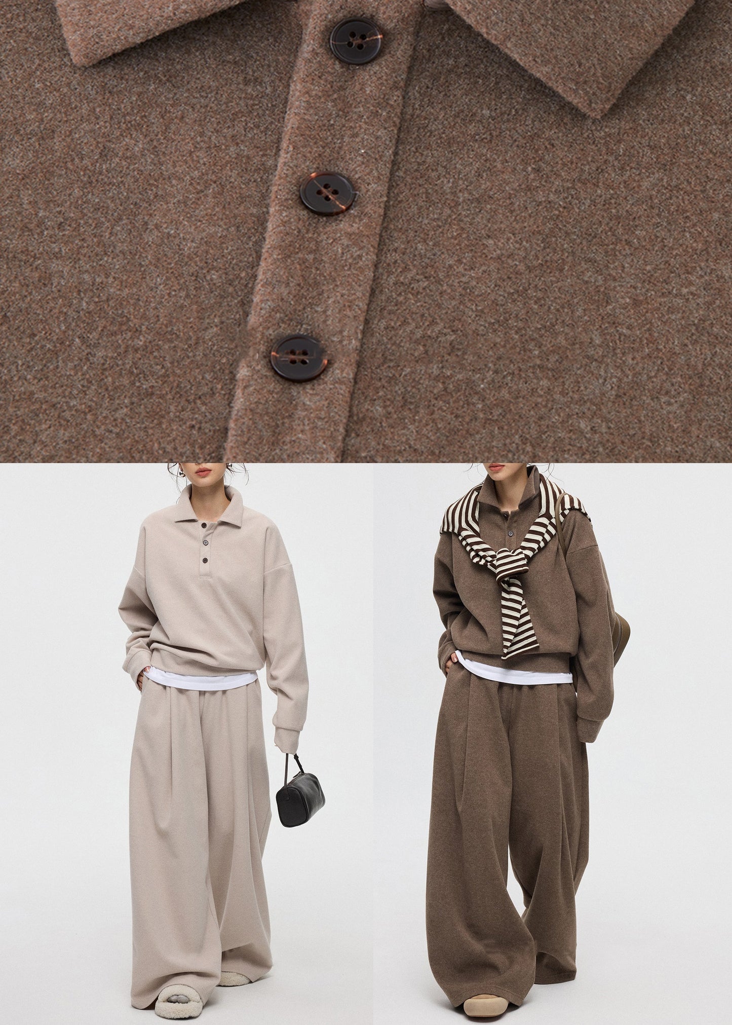 Lässiges zweiteiliges Kaschmir-Set mit Peter-Pan-Kragen und Knöpfen in Kaffeebraun für den Winter