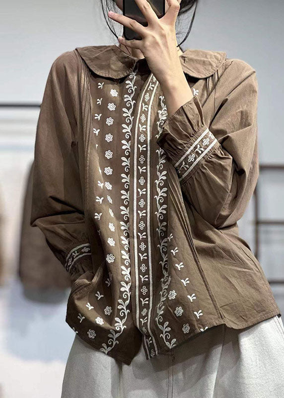 Lässiges Schokoladenbraunes Peter Pan Kragen Besticktes Knitter Baumwollhemd Herbst