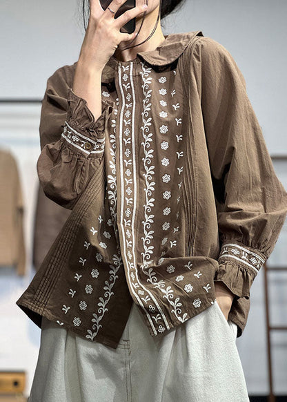 Lässiges Schokoladenbraunes Peter Pan Kragen Besticktes Knitter Baumwollhemd Herbst