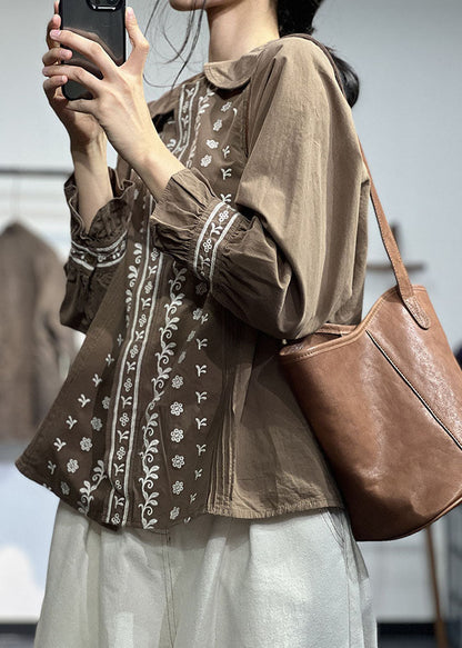 Lässiges Schokoladenbraunes Peter Pan Kragen Besticktes Knitter Baumwollhemd Herbst