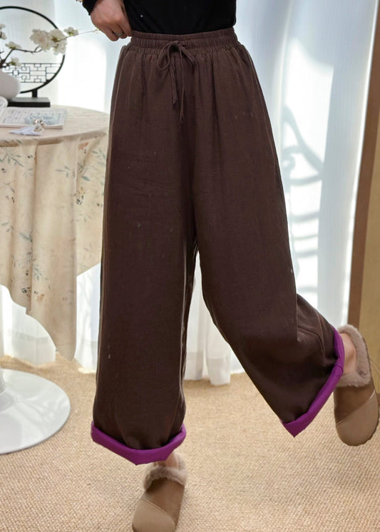 Casual Coffee Pockets Elastic Waist Fine Cotton Filled Pants Winter