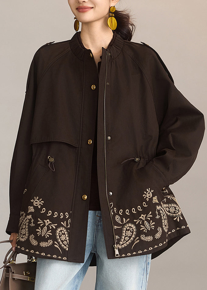 Lässiger Mantel mit Kaffeemuster, Kordelzugtaschen, Frühling