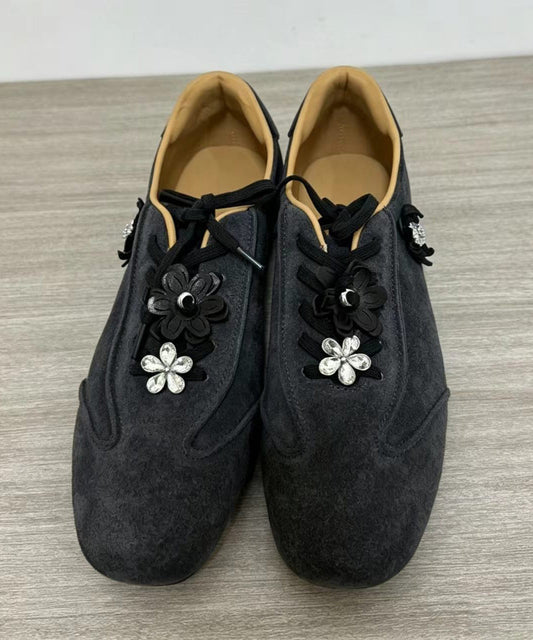Casual Coffee Suede Floral Lace Up Flats Shoes