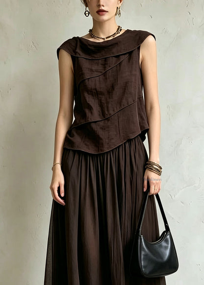 Casual Coffee Top And Maxi Skirts Silk Cotton Two Pieces Set Summer
