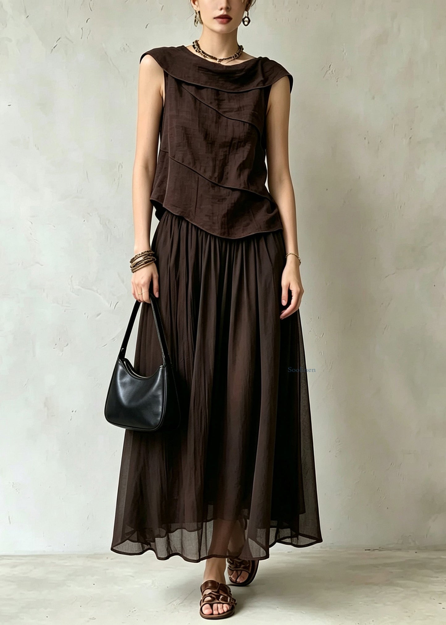 Casual Coffee Top And Maxi Skirts Silk Cotton Two Pieces Set Summer