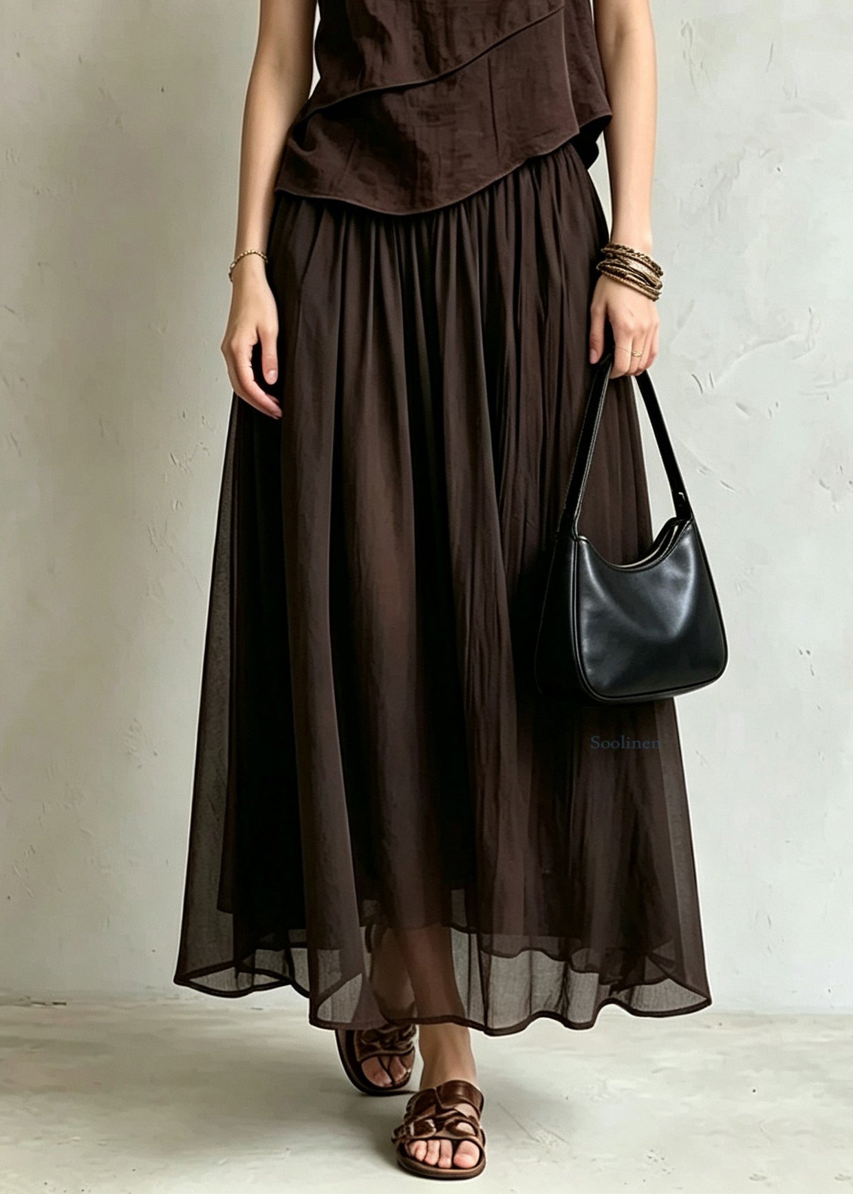 Casual Coffee Top And Maxi Skirts Silk Cotton Two Pieces Set Summer