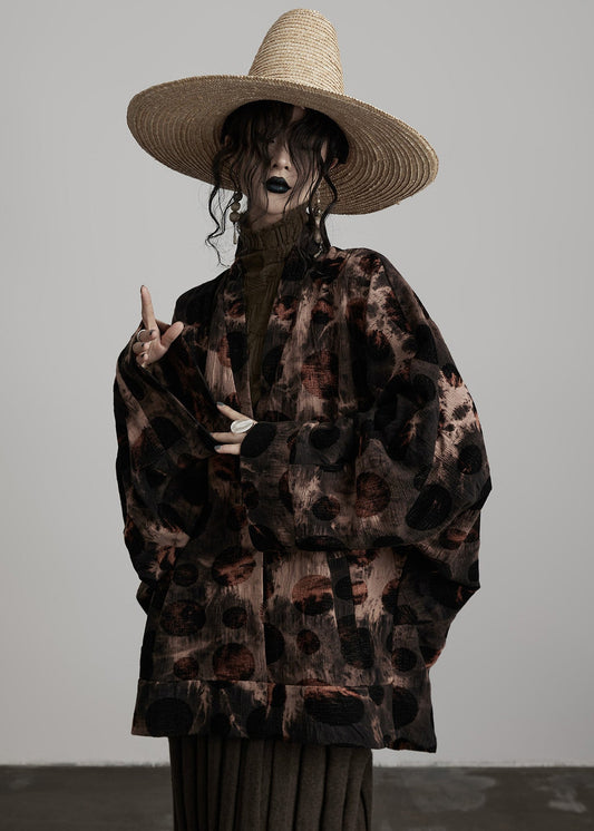 Casual Coffee V Neck Button Tie Dye Cotton Coats Spring