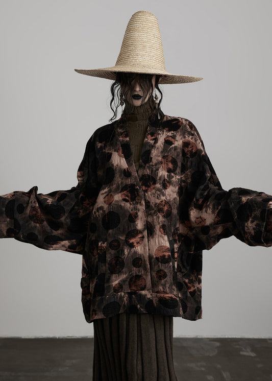 Casual Coffee V Neck Button Tie Dye Cotton Coats Spring