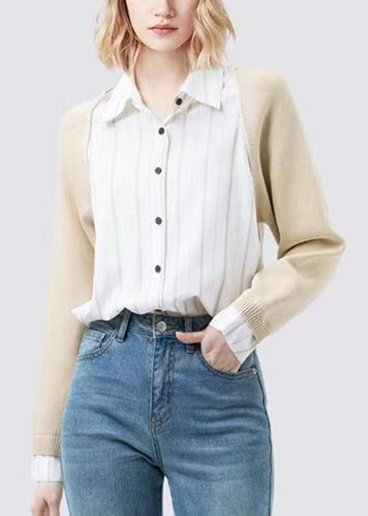 Casual Colorblock Peter Pan Collar Button Knit Patchwork Shirt Fall