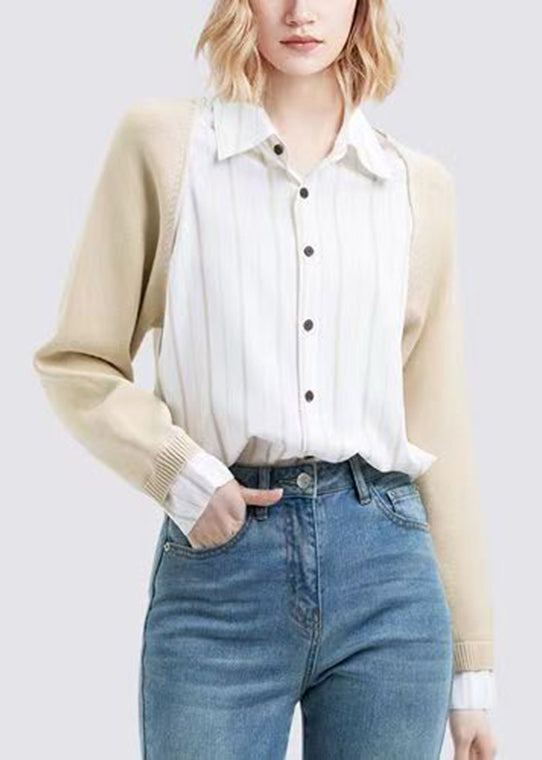 Casual Colorblock Peter Pan Collar Button Knit Patchwork Shirt Fall