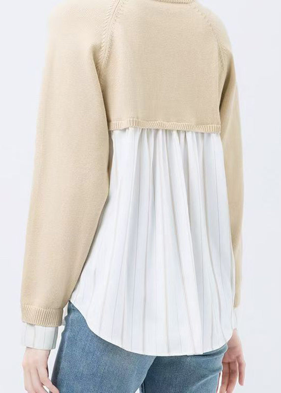 Casual Colorblock Peter Pan Collar Button Knit Patchwork Shirt Fall