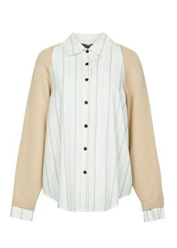 Casual Colorblock Peter Pan Collar Button Knit Patchwork Shirt Fall