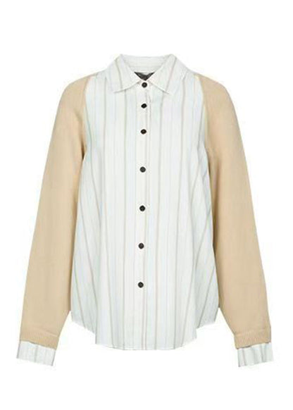 Casual Colorblock Peter Pan Collar Button Knit Patchwork Shirt Fall