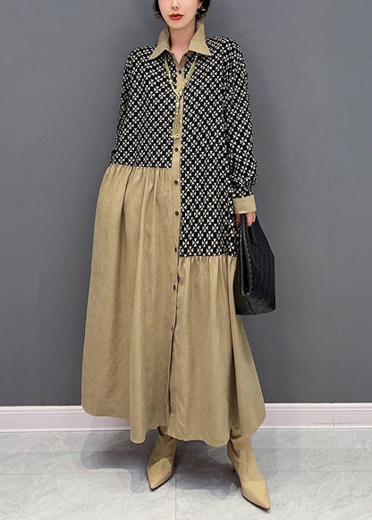 Lässige Colorblock Peter Pan Kragen Patchwork Wrinkled Print Baumwolle Kleider Frühling