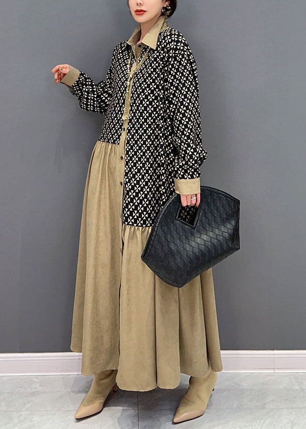 Lässige Colorblock Peter Pan Kragen Patchwork Wrinkled Print Baumwolle Kleider Frühling