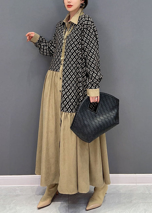 Lässige Colorblock Peter Pan Kragen Patchwork Wrinkled Print Baumwolle Kleider Frühling