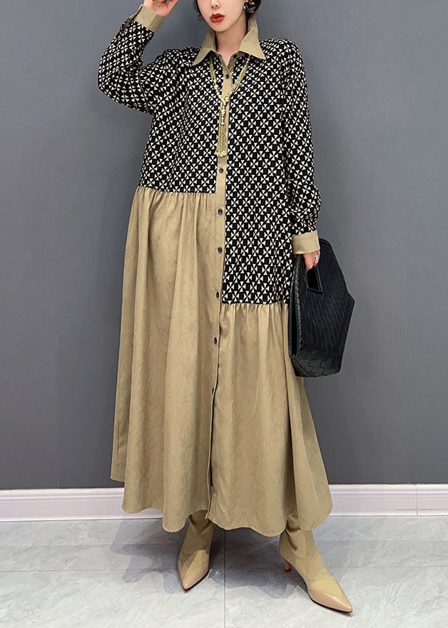 Lässige Colorblock Peter Pan Kragen Patchwork Wrinkled Print Baumwolle Kleider Frühling