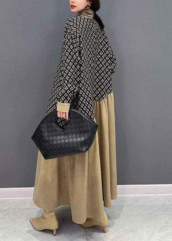 Lässige Colorblock Peter Pan Kragen Patchwork Wrinkled Print Baumwolle Kleider Frühling