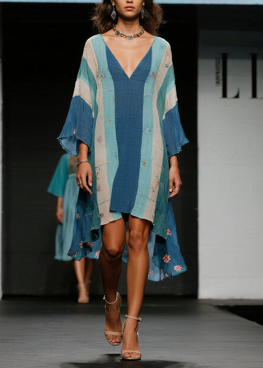 Casual Colorblock V Neck Floral Asymmetrical Cotton Dress Spring