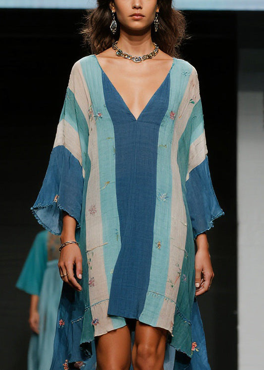 Casual Colorblock V Neck Floral Asymmetrical Cotton Dress Spring