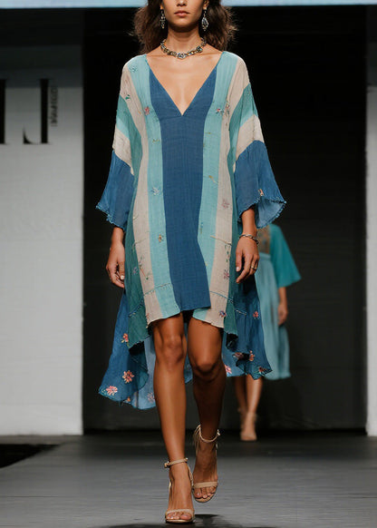 Casual Colorblock V Neck Floral Asymmetrical Cotton Dress Spring