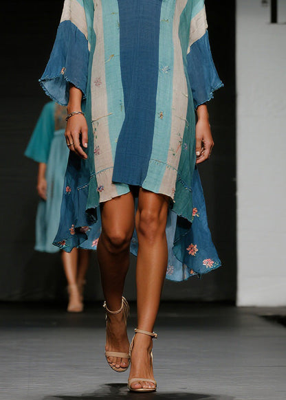 Casual Colorblock V Neck Floral Asymmetrical Cotton Dress Spring