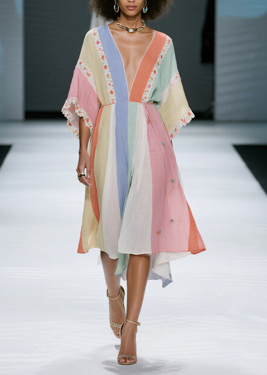 Casual Colorblock V Neck Floral Cotton Dress Summer